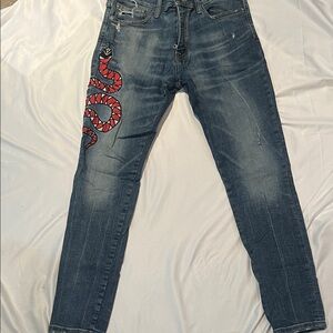 NovaMen Stylish Slim Fit Blue Jeans with Red Snake Design